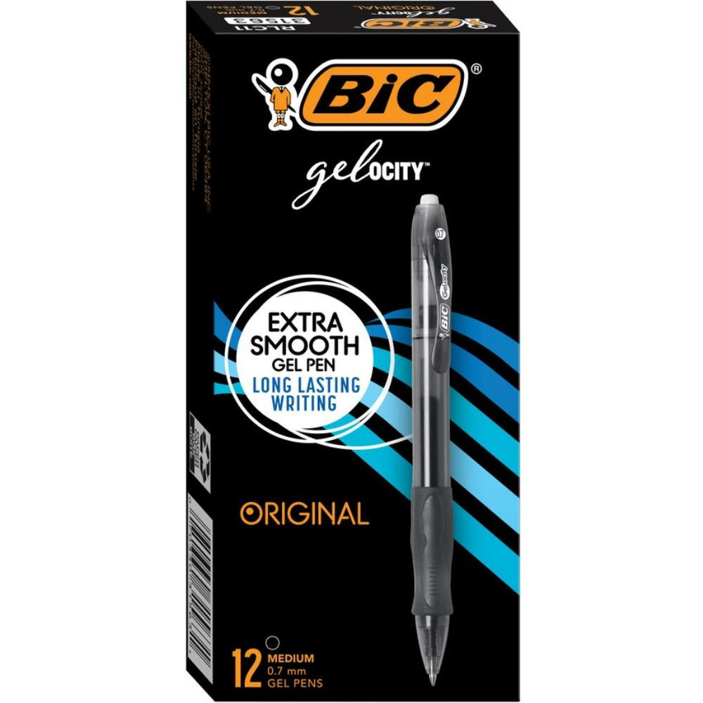 Stylos gel BIC Gelocity - Rétractables - 0,7 mm - Noir - Lot de 12