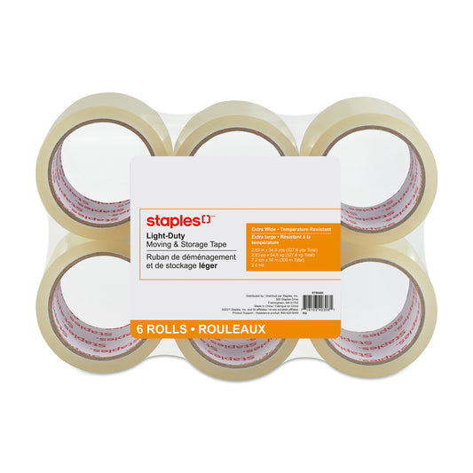 Ruban d'emballage large Staples, 72 mm x 50 m, 2 mil, transparent, paquet de 6