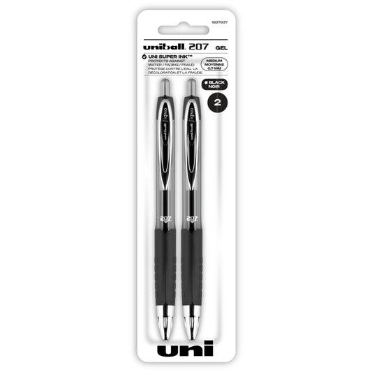 Stylos gel rétractables Uni-Ball 207 – Pointe moyenne (0,7 mm) – Noir – Lot de 2