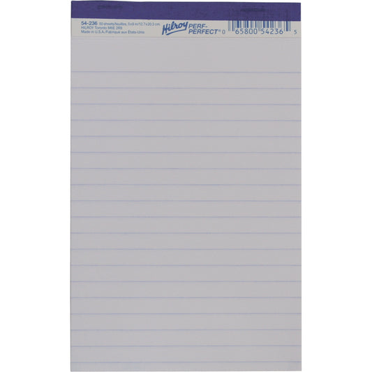 Bloc-notes Hilroy Perf-Perfect - 5" x 8" - Larges lignes - Blanc - 50 feuilles
