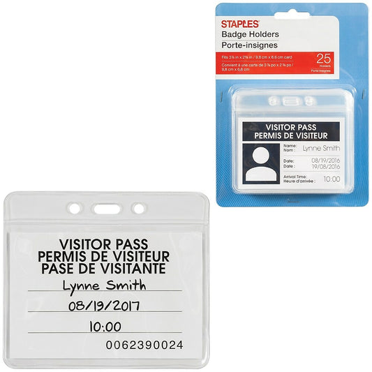 Porte-badges horizontaux robustes Staples – 2-5/8 po L x 3-7/8 po l – Transparent – ​​Paquet de 25