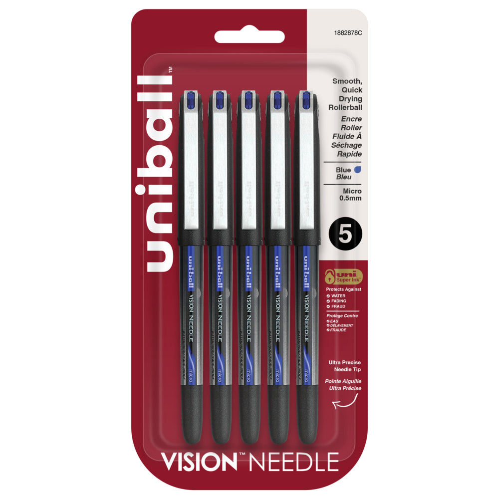 uni-ball Vision Needle Rollerball Pens - Micro Point (0.5mm) - Blue - 5 Pack