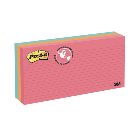 Notes Post-it - Lignées - Collection Cape Town - 3" x 3" - 100 feuilles/bloc - 6 blocs/paquet