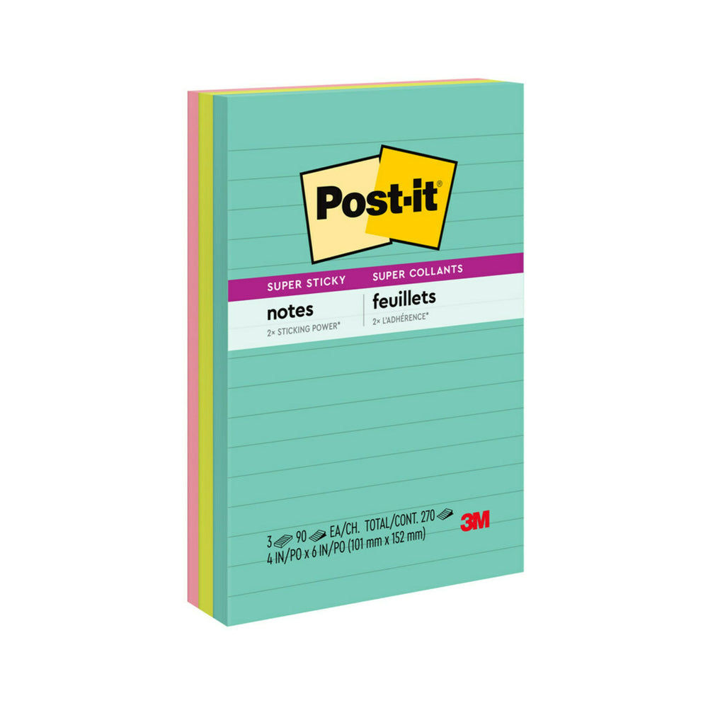 Post-it Super Sticky Notes - 4" x 6" - Supernova Neons Collection - Lined - 270 Sheets- 3 Pack