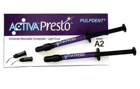 Pulpdent ACTIVA Presto #VPF1A2Composite A2 1,2 ml/2 g sirop + 20 embouts Kit de recharge 2/paquet