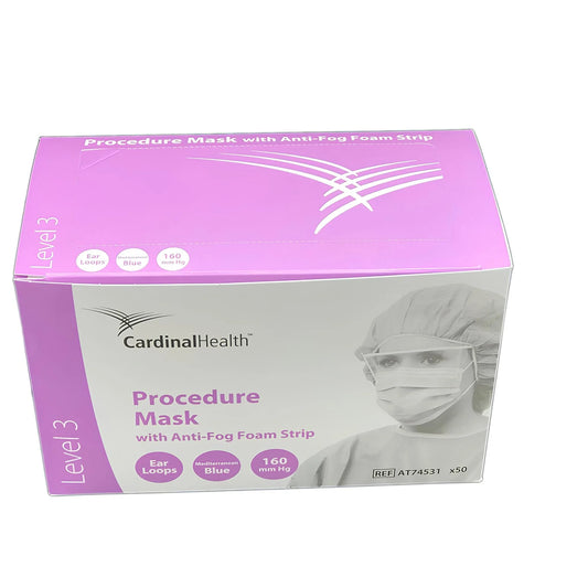 Masques de procédure ASTM « L3 » avec boucle d'oreille et bande de mousse bleue antibuée (50) (Cardinal) #AT74531