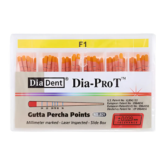 DiaDent DIA-PRO T Millimeter-Marked Tapered Gutta-Percha Points – Box of 60 (F1 / F2 / F3 / F4 / Assorted F1–F3)