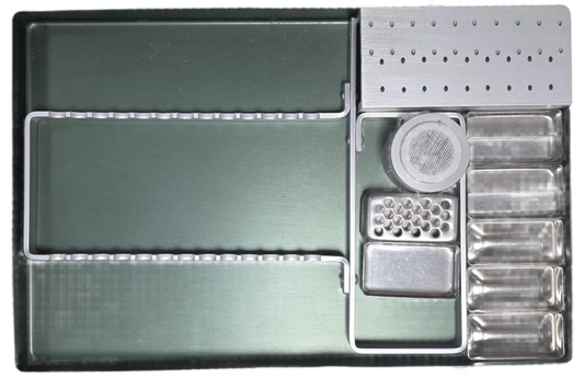 Metallic tray with various compartments