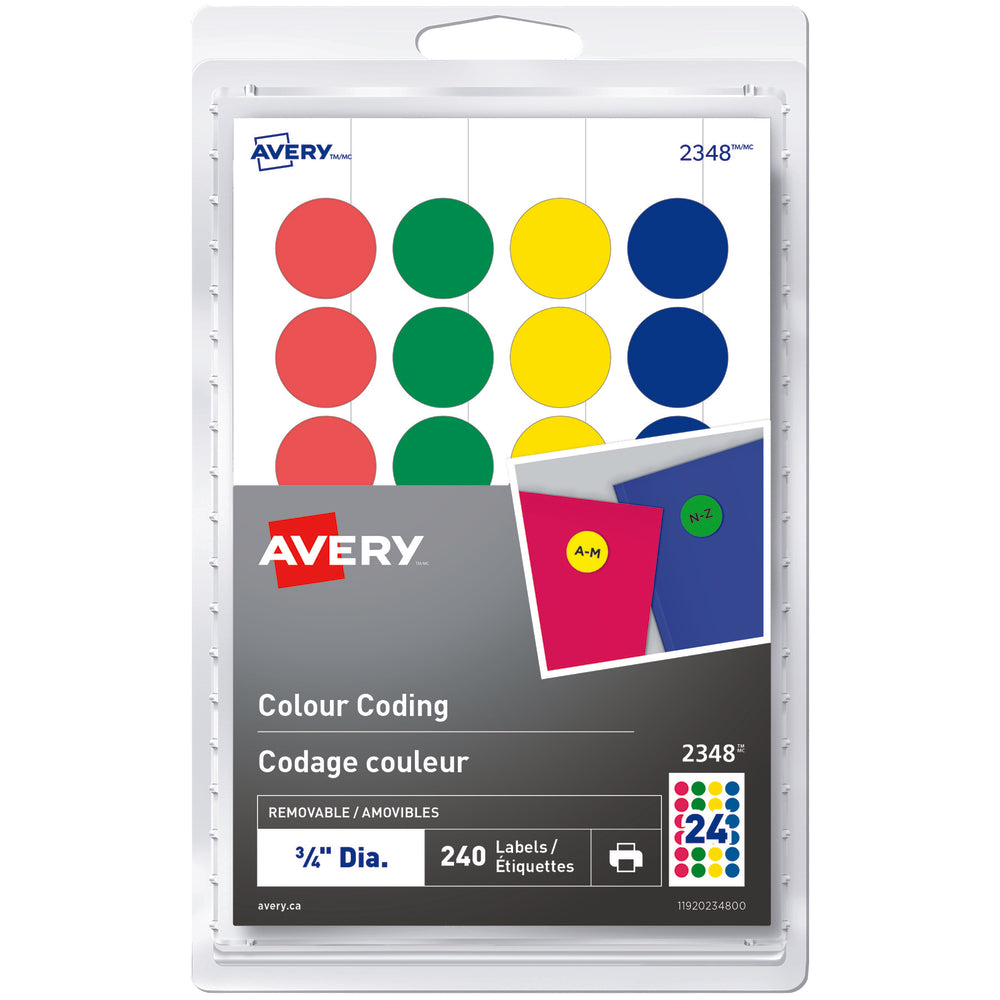Étiquettes de codage couleur amovibles Avery, rondes de 1,9 cm, assorties, paquet de 240 (2348)