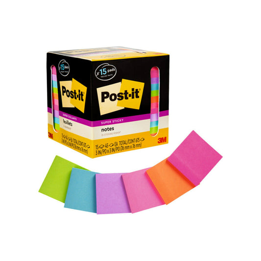 Post-it Super Sticky Notes - 3" x 3" - Assorted Bright Colours - 15 Pack