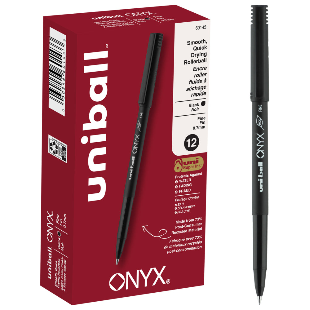 Stylos roller Uni-Ball ONYX - Pointe fine (0,7 mm) - Noir - Lot de 12