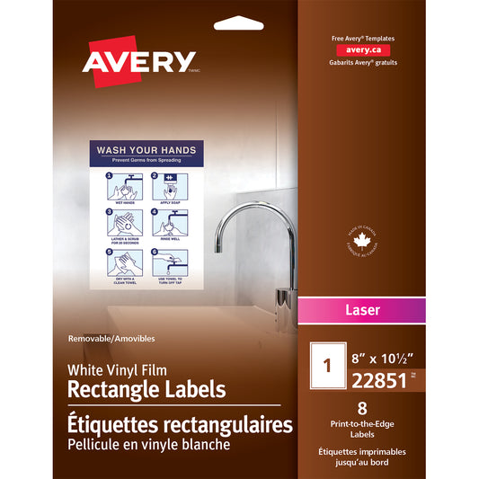 Avery Removable Vinyl Film Rectangle Labels - 8" x 10-1/2" - White - 8 Labels