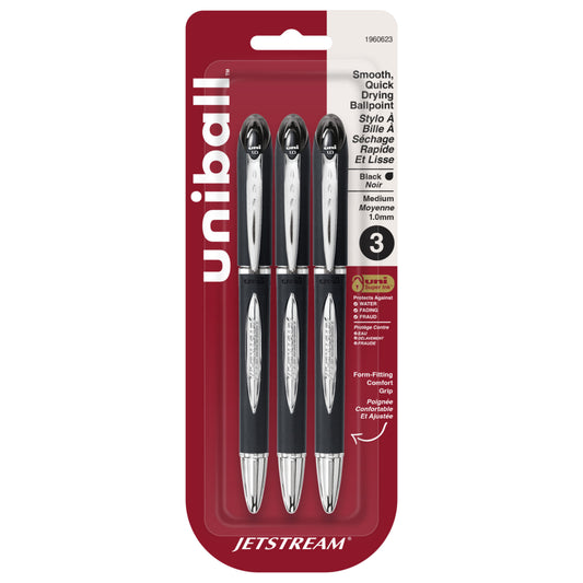 uni-ball JETSTREAM Ballpoint Pens - Medium Point (1.0mm) - Black - 3 Pack