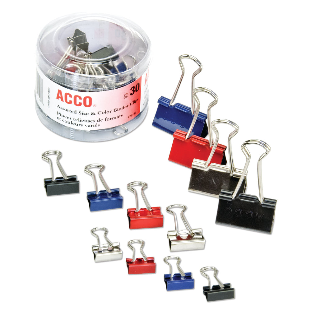 ACCO Assorted Sizes Metal Binder Clips in Soft Tub - Assorted Colours - 30 Pack