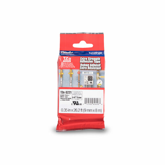 Ruban adhésif extra-fort noir sur blanc Brother TZe-S221 d'origine pour étiqueteuses P-touch, 9 mm de large x 8 m de long