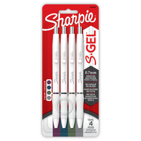 Sharpie S-Gel Fashion Barrel Gel Pens - Pearl White Body - Medium Point - 0.7 mm - Rich Dark Colour Assortment - Set of 4