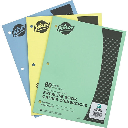 Cahier d'exercices Hilroy, ligné 7 mm, perforé 3 trous, 27,7 cm x 21,5 cm, 80 pages, lot de 3