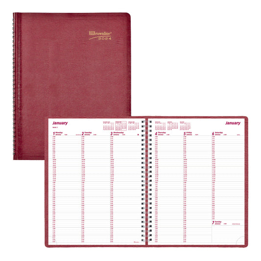 Brownline 2025 Weekly Planner Twin-wire Binding - Soft Lizard-Like Cover - 11" x 8-1/2" - Red - English