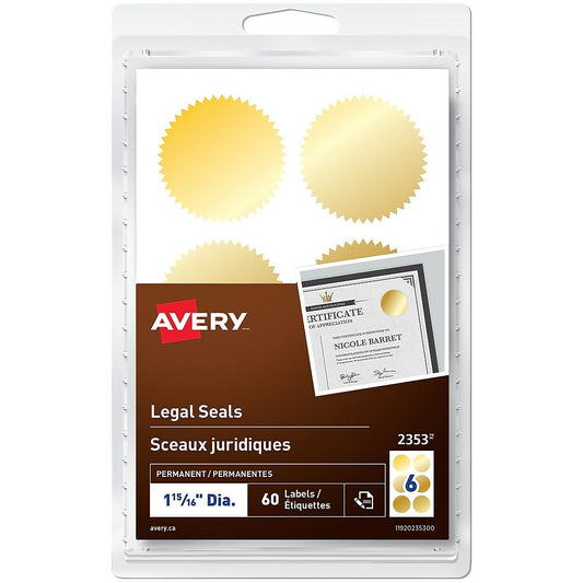 Avery Permanent Legal Seals, 1-15/16", Gold, 60 Pack (2353)
