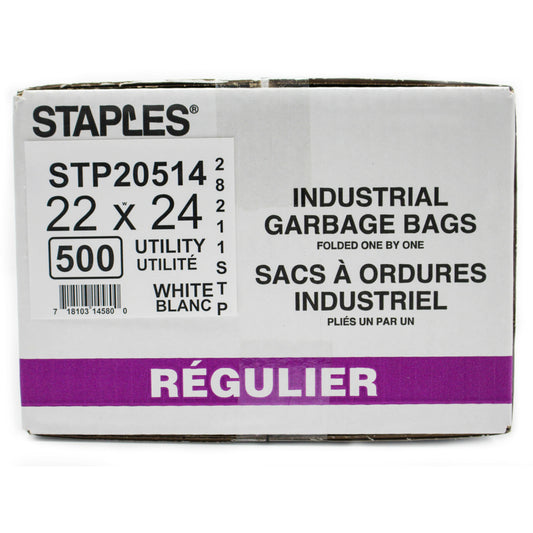 Sacs à ordures Staples, utilitaires, blancs, 22" la x 24" lo, paquet de 500