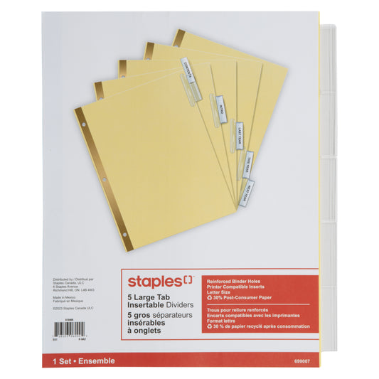 Staples Large Tab Insertable Dividers - 5 Tabs - Clear