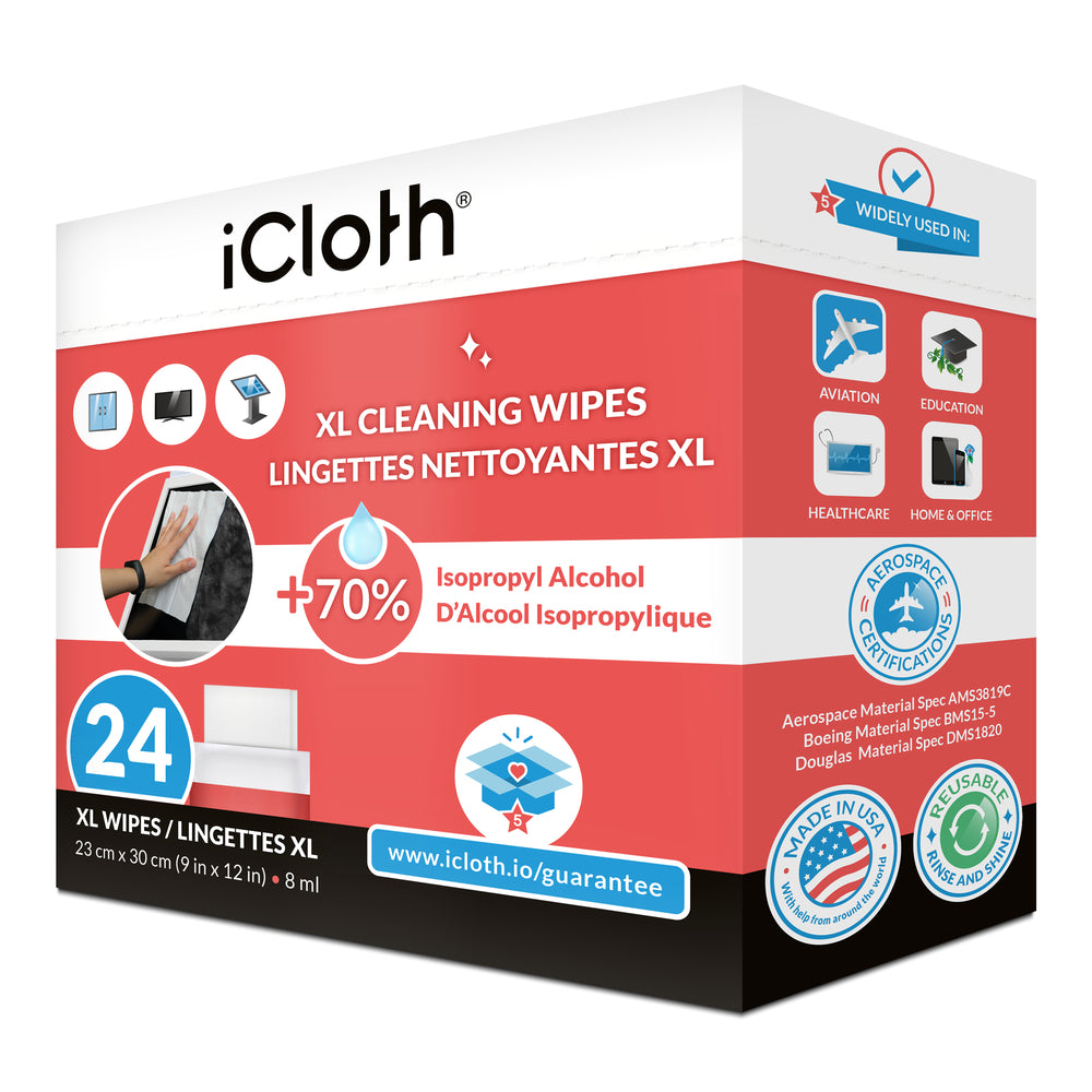Lingettes nettoyantes iCloth à 70 % d'alcool isopropylique - Extra large - Paquet de 24