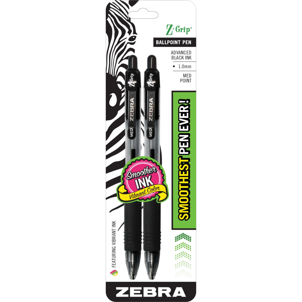 Zebra Z-Grip Retractable Ball Point Pen - Medium Point - 1.0 mm - Black - 2 Pack