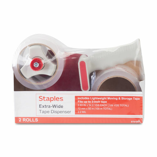 Staples Clear Box Sealing Tape, 2 Rolls Plus Dispenser, 72 mm x 50 m, 2.0-mil
