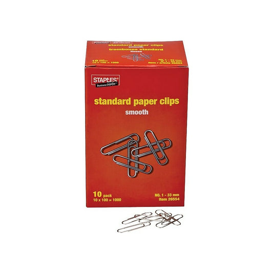 Trombones standard Staples - Taille 1 - 33 mm - Lisses - Argent - Paquet de 1 000