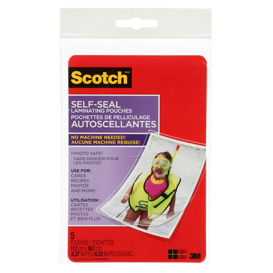 Scotch Self-Sealing Laminating Pouches - 4.5 in W x 6.5 in L (11.43 cm W x 16.51 cm L) - 5 Pack