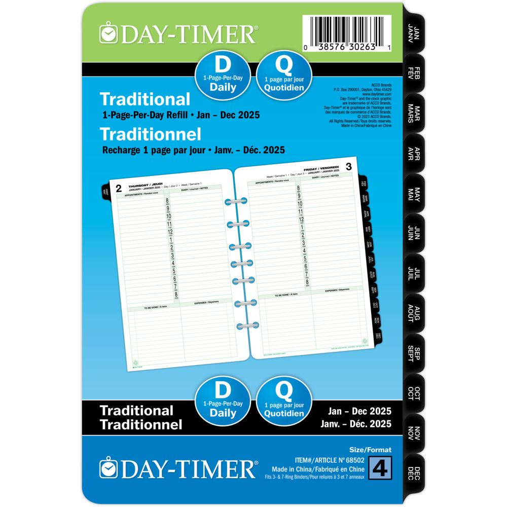 Recharge datée Day-Timer 2025, 1 page/jour, bureau - 8-1/2" H x 5-1/2" L - Bilingue