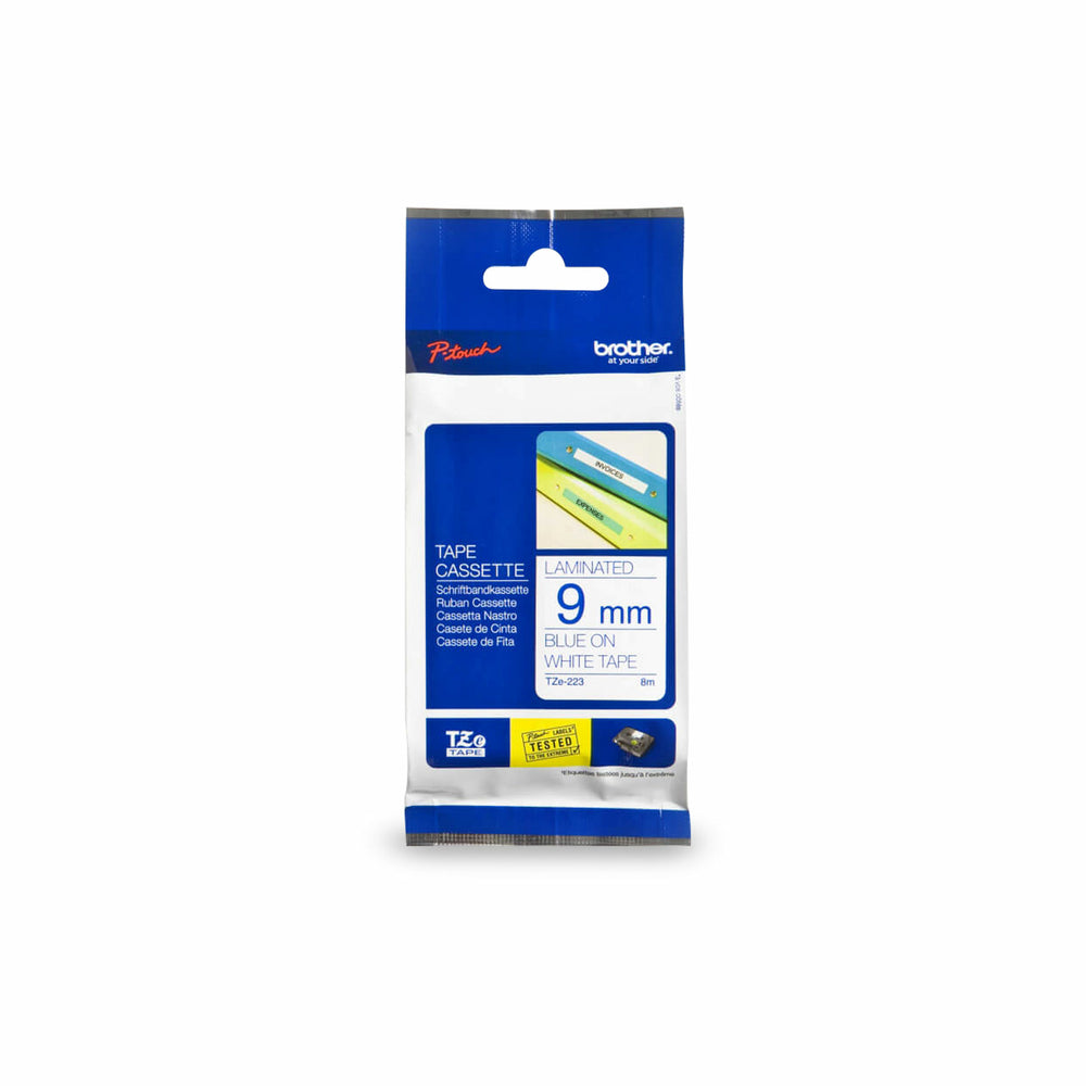 Ruban laminé Brother pour étiqueteuses P-touch - 9 mm - Impression bleue sur étiquette blanche