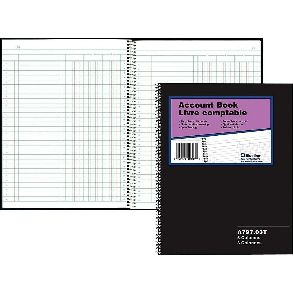 Blueline Account Book, 3 Columns, Black, 10-1/4" x 8", 100 Pages