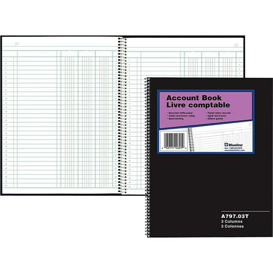 Livre de comptes Blueline, 3 colonnes, noir, 10-1/4" x 8", 100 pages