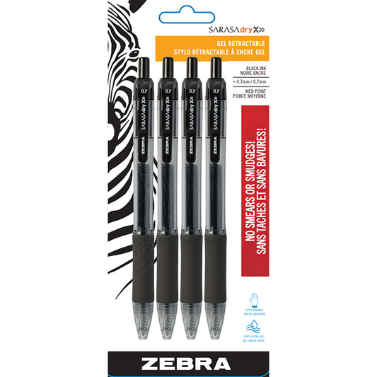 Zebra Sarasa Rapid Dry Gel Pens, Retractable, 0.7mm, Black, 4 Pack