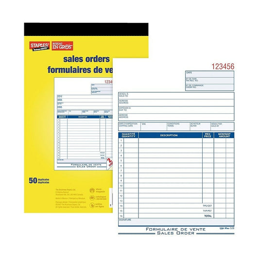 Staples Bilingual Sales Order Form - 50 Duplicates - Carbonless and Staple Bound - 5" x 8"