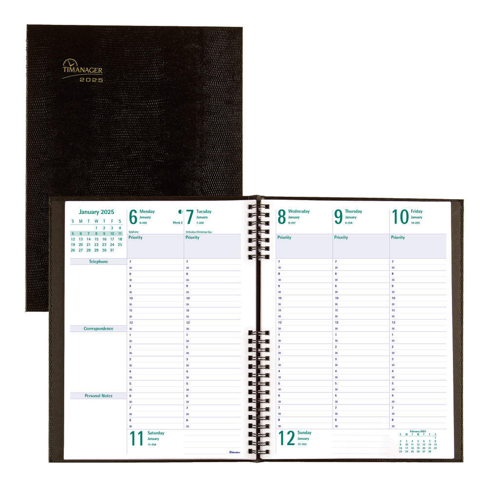 Blueline 2025 Timanager CoilPro Weekly/Monthly Planner 5-Day - 10-1/4" x 7-5/8" - Black - English