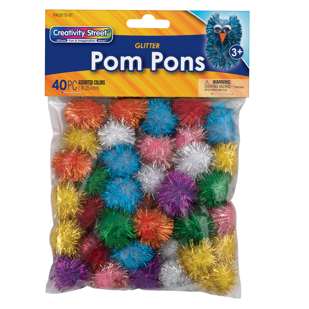 Creativity Street Glitter Pom Pons, Assorted Colors, 1", 40 Pieces