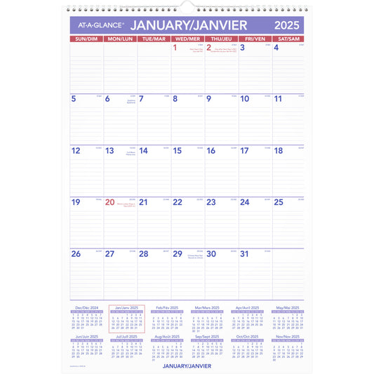 AT-A-GLANCE 2025 Monthly Wall Calendar - 22-3/4" H x 15-1/2" W - Bilingual