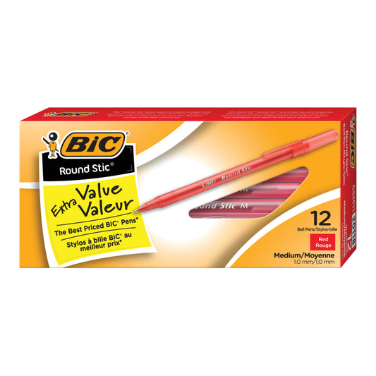 BIC Round Stic Extra Value Ballpoint Stick Pens - 1.0mm - Red - 12 Pack