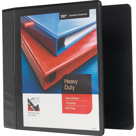 Staples Heavy-Duty View Binder with D-Rings - 4" - Black
