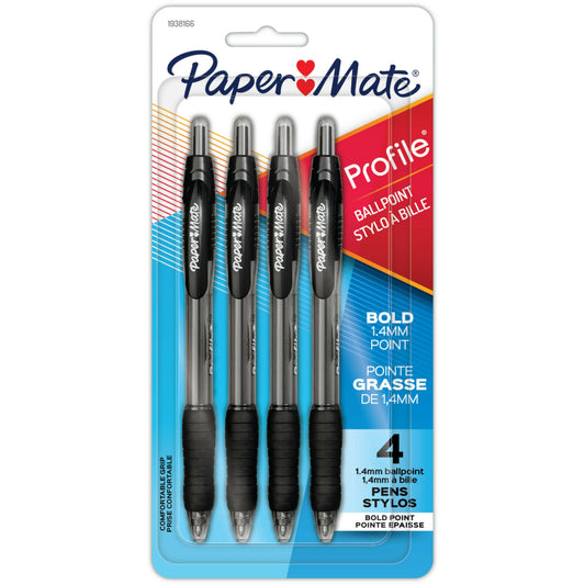 Paper Mate Profile Retractable Ballpoint Pens - Bold Point (1.4 mm) - Black - 4 Pack