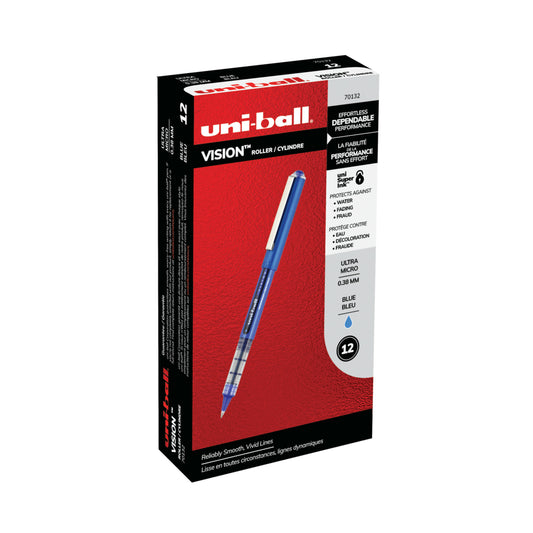 Stylos roller Uni-Ball Vision - Pointe ultra micro (0,38 mm) - Bleu - Lot de 12