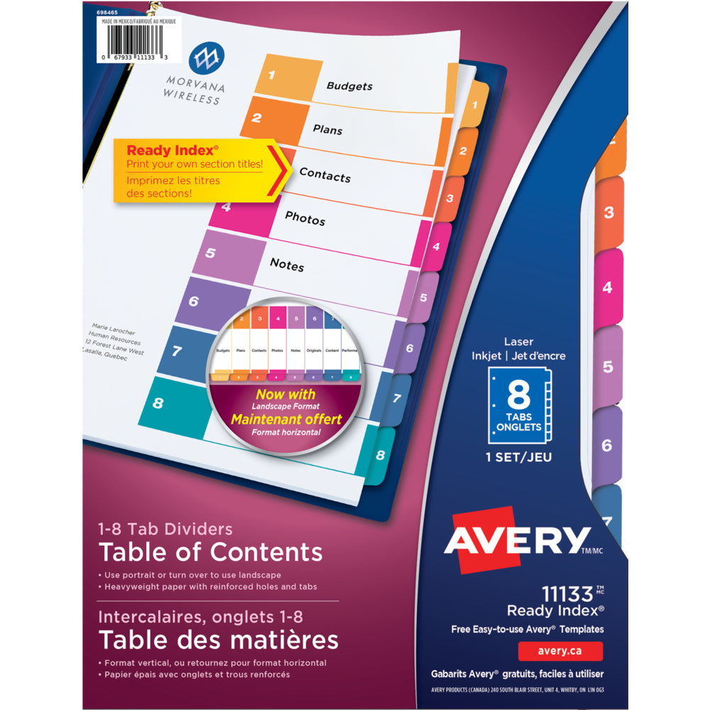 Intercalaires numérotés (1 à 8) Avery Ready Index - Format lettre - 8 onglets