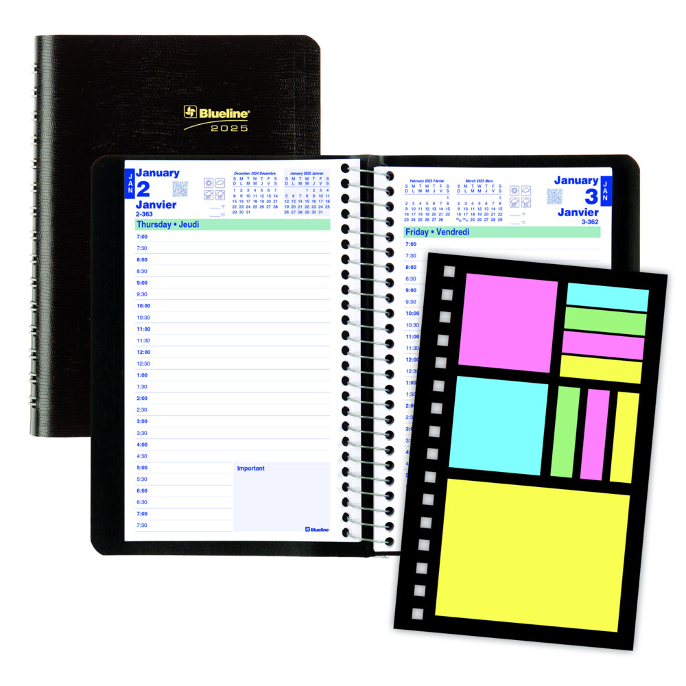 Blueline 2025 PlannerPlus Daily Planner Soft Lizard-Like Cover - 8" x 5" - Black - Bilingual