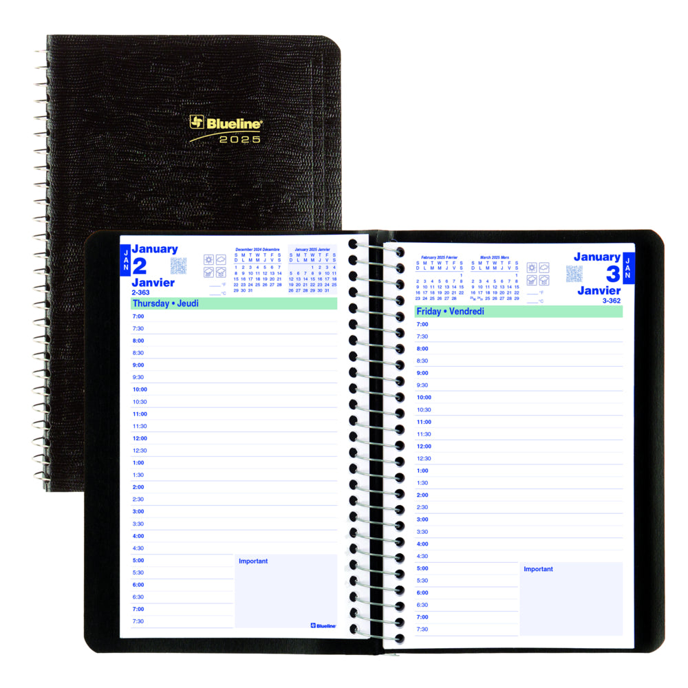 Blueline 2025 Daily Planner Spiral Binding Soft Lizard-Like Cover - 8" x 5" - Black - Bilingual