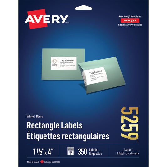Étiquettes d'adresse laser blanches Avery, 3,8 cm x 10 cm, paquet de 350 (5259)