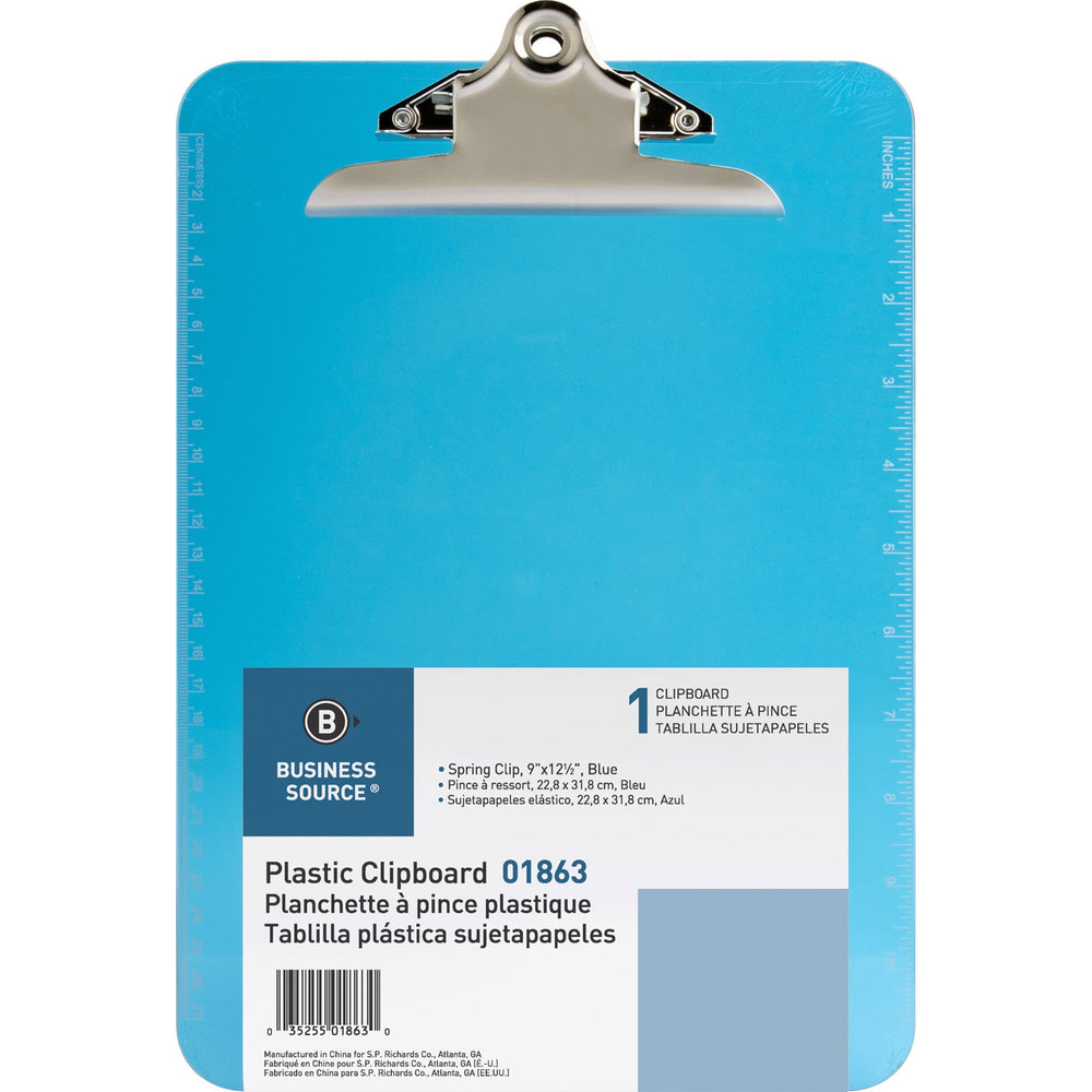 Business Source Spring Clip Plastic Clipboard - 8.5" W x 11" L - Blue