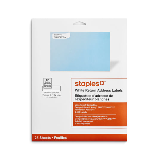 Staples White Return Address Labels for Inkjet/Laser Printers - 1/2" x 1-3/4"- 2000 Pack