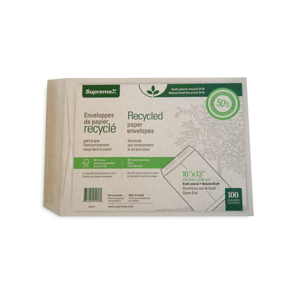 Enveloppes pour catalogue Supremex en papier kraft naturel robuste à extrémité ouverte – 24 lb – 10 po x 13 po – Naturel – Paquet de 100
